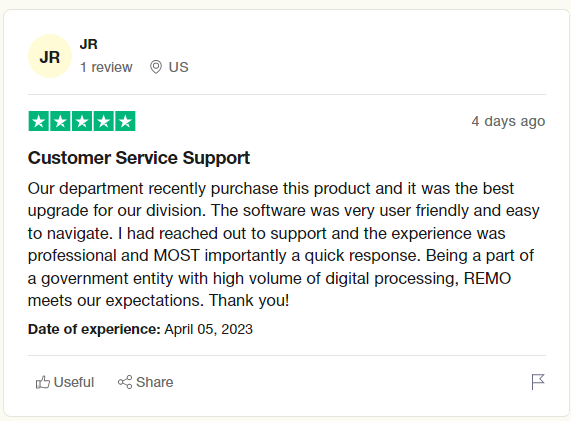 Trustpilot review on Windows server file recovery