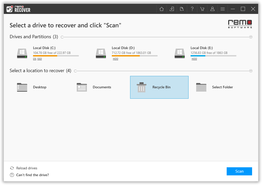 click on the recycle bin folder to start the recovering files that were deleted from the recycle bin