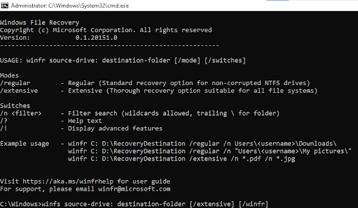 command line iinterface of windows file recovery tool