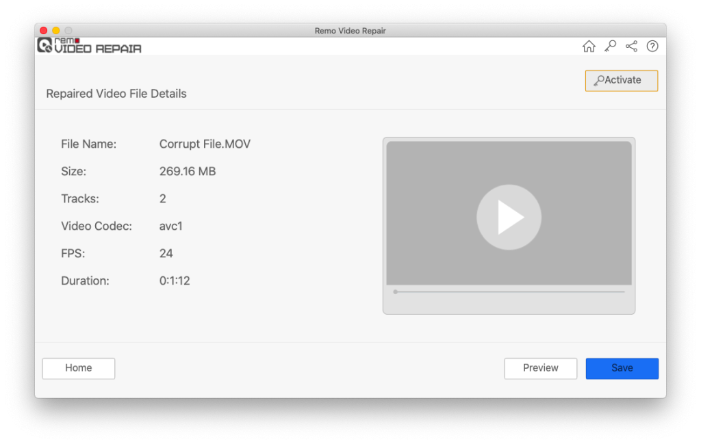 Preview and Save Repaired MOV file