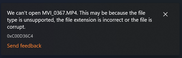 Screenshot taken on Windows 11 showing MP4 video is corrupt