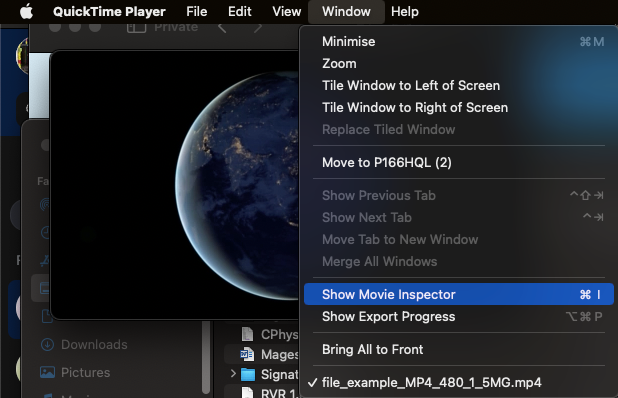Choose Show Movie Inspector on QuickTime