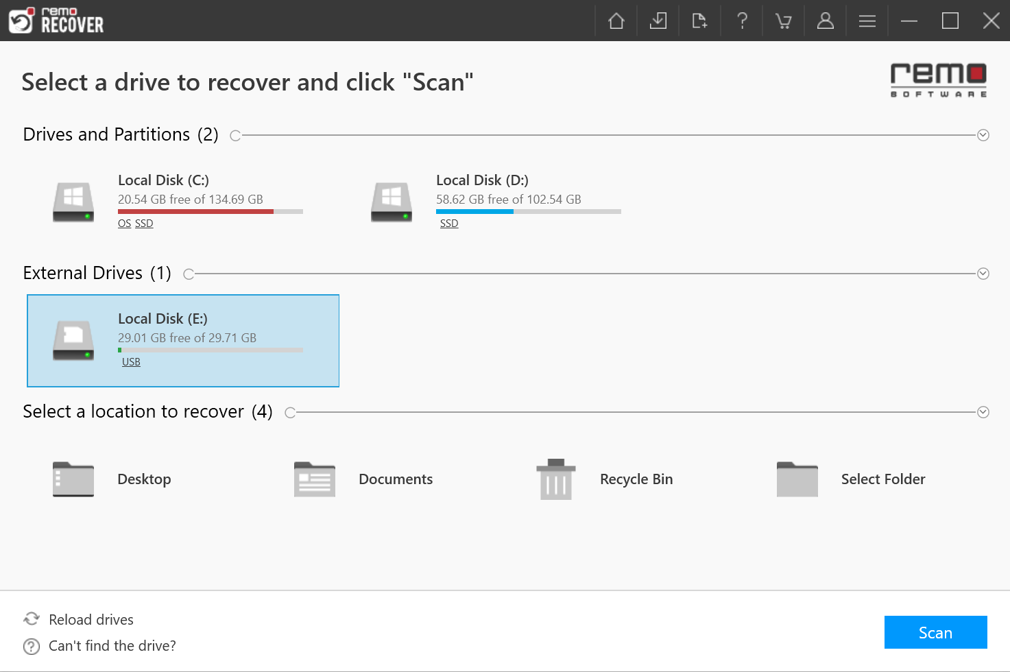 connect SD card to Windows 10 and launch Remo Recover