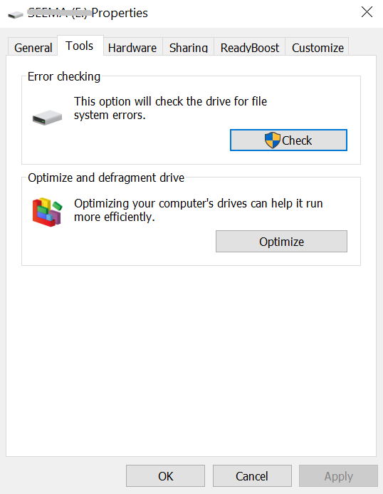 go to the error chceking tool properties