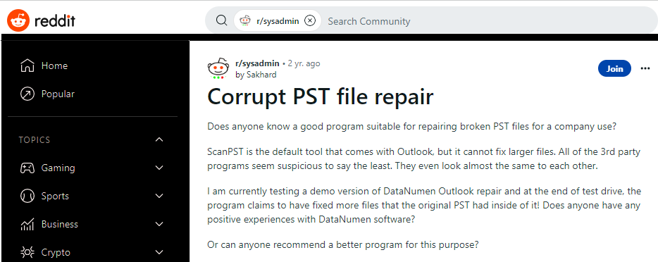 reddit - corrupt pst file repair