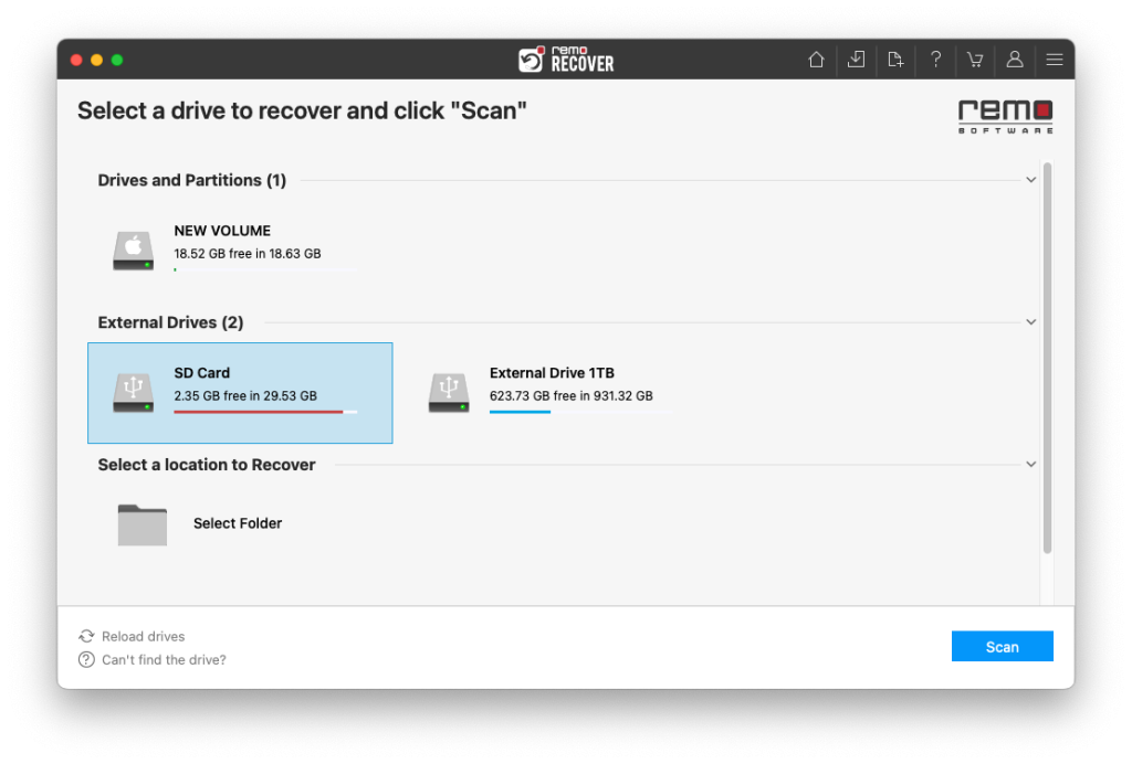 Select the SD card and click on Scan to begin the SD card recovery.