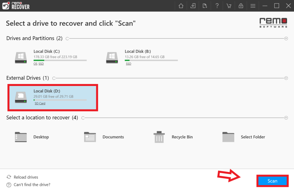 select sony sd card drive and click on scan to begin recovery process