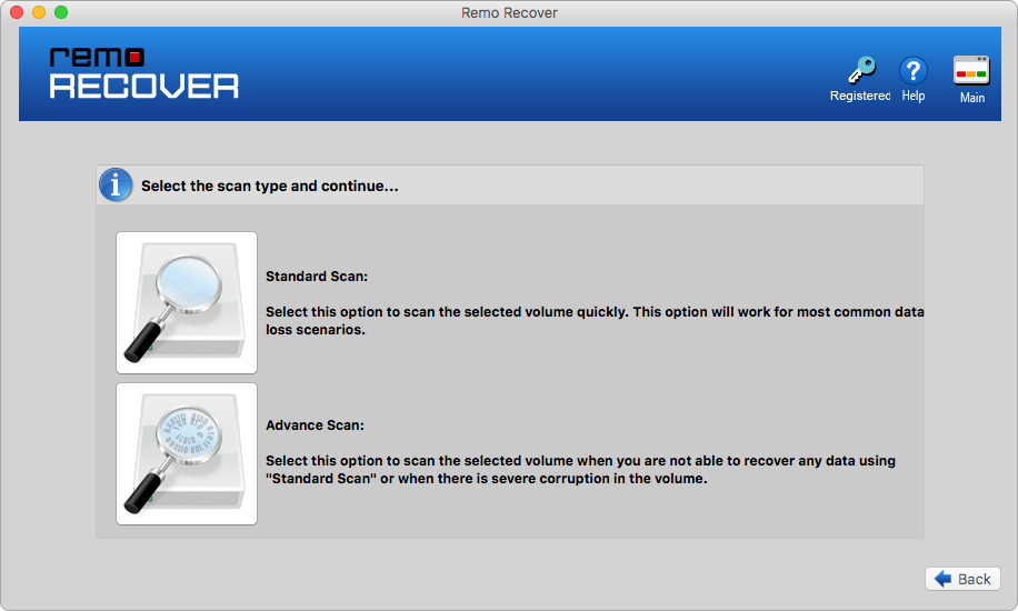 choose between standard scan and advanced scan