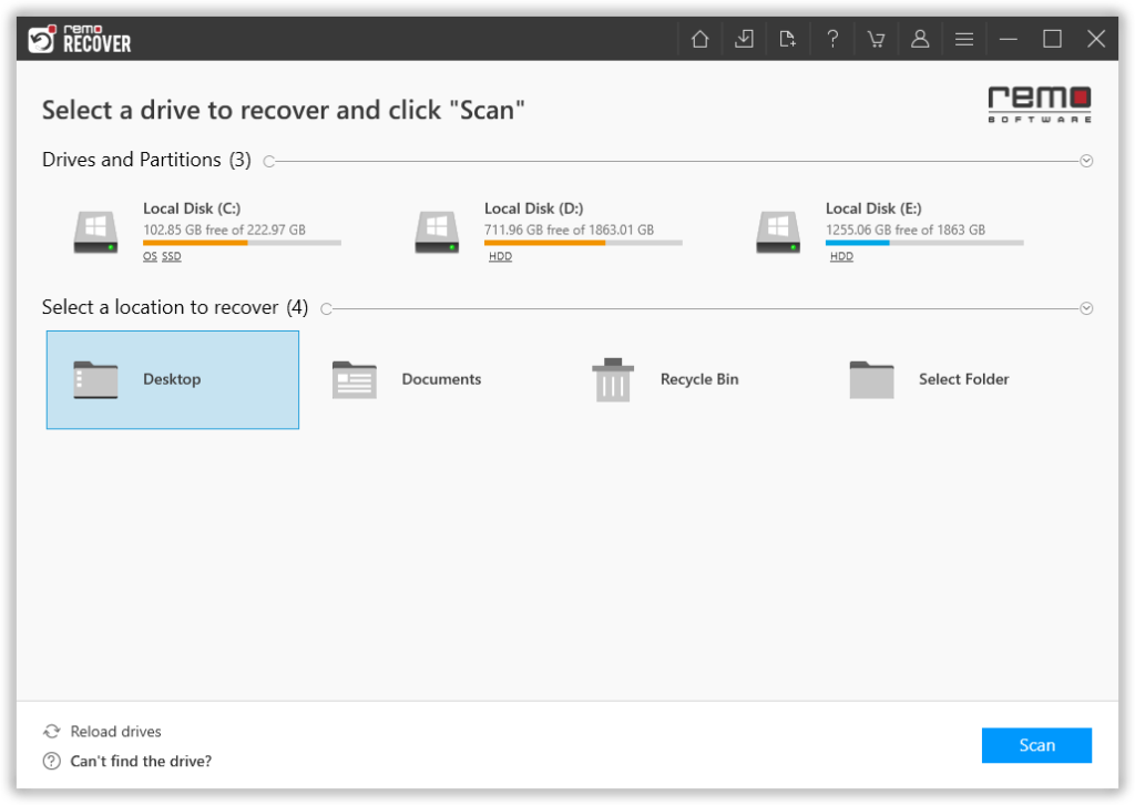 select the location from where you want to recover files