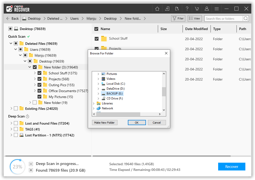 select the location where you want to save the recovered files that were deleted using shift delete keys