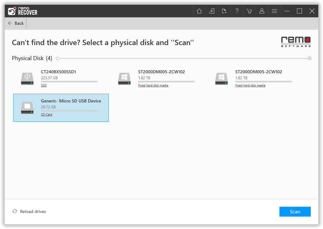 select sd card and start scanning