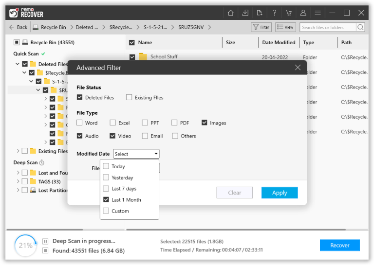 sort files using advanced filter option