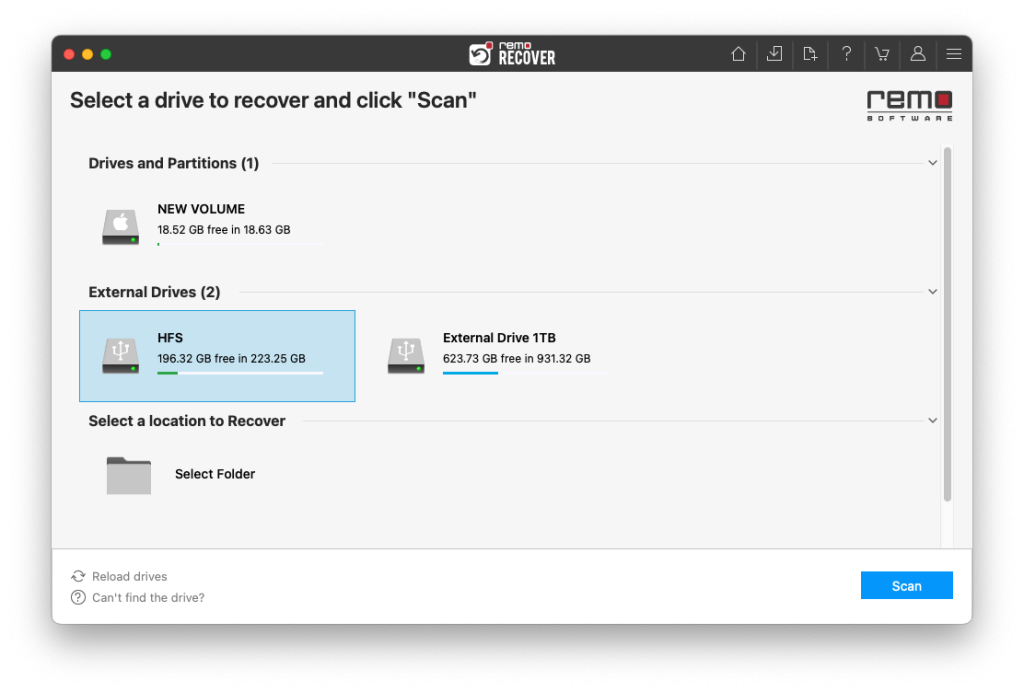 Select the drive or the folder from where you want to recover deleted files and click on the scan button