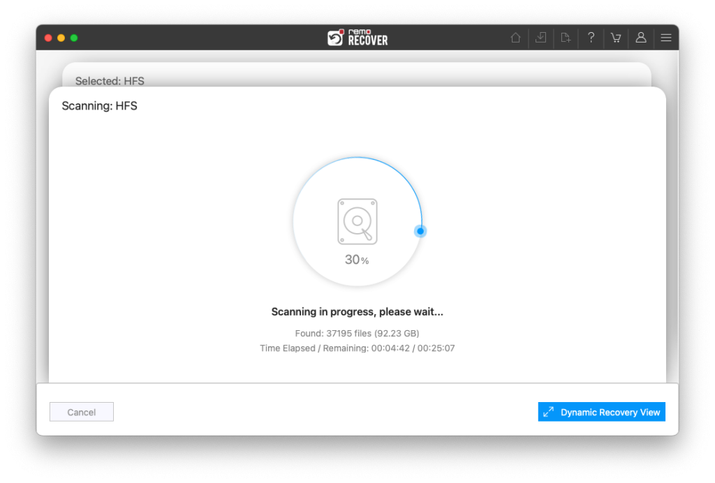 remo will start scanning the deleted hidden files from the selected mac drive