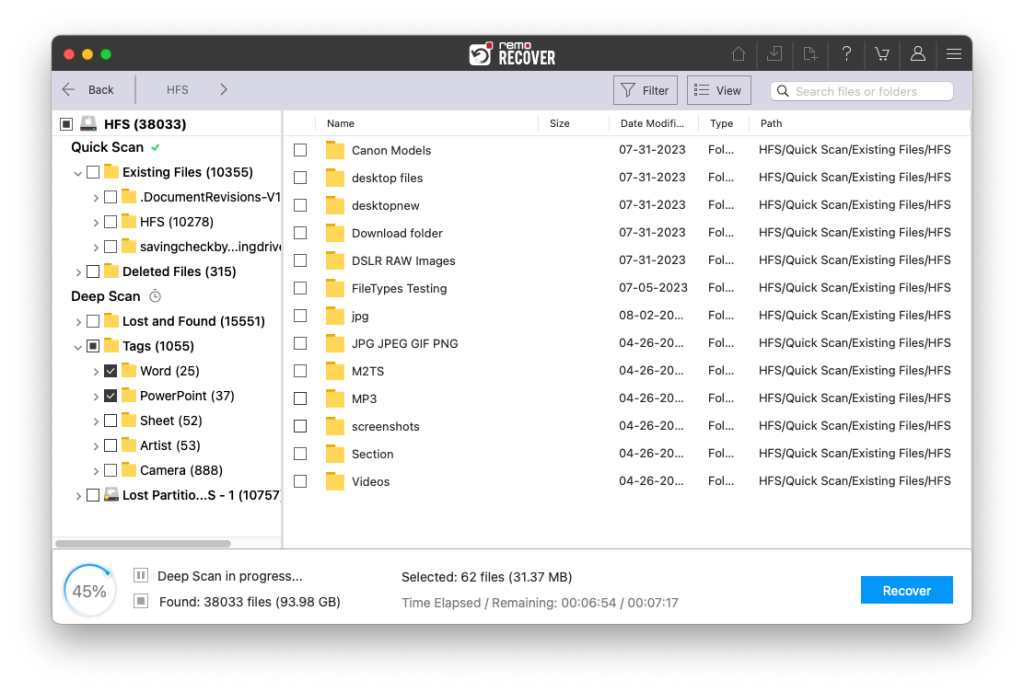 Lists the files recovered from the drive on mac Ventura