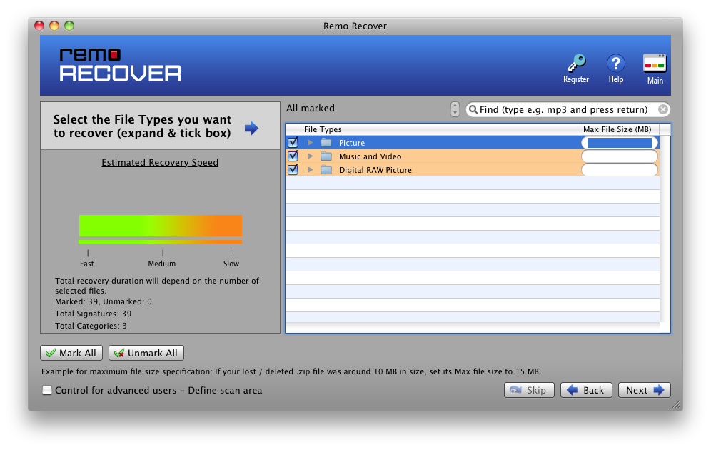 select the file types you want to recover and click on scanning process