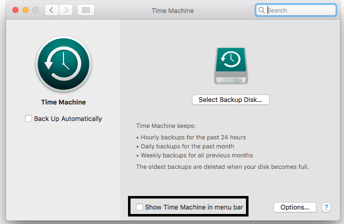 Show Time Machine Backup option
