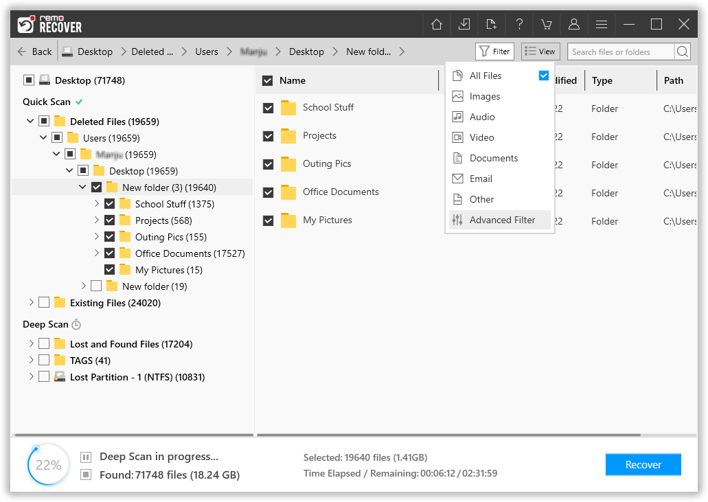 use the advanced filter option to quickly find the files that you deleted using the shift + delete keys